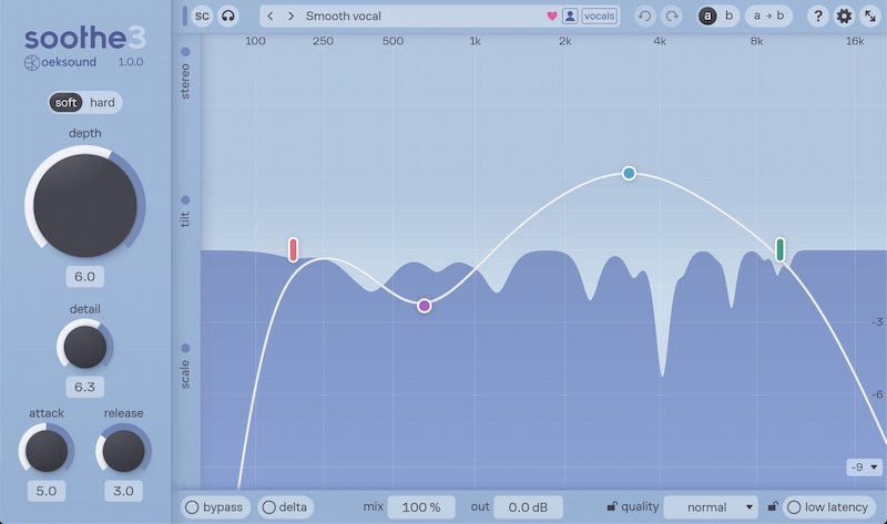 Soothe 3 plugin interface showing dynamic resonance suppressor with Detail knob, Soft/Hard modes, and spectral display — VST3 AU AAX by oeksound